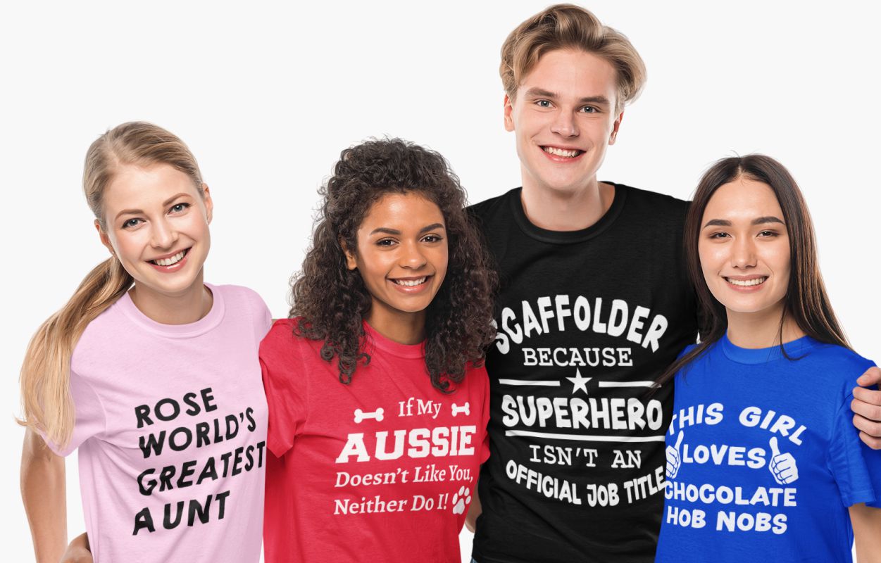 four happy people wearing teegifts printed t-shirts