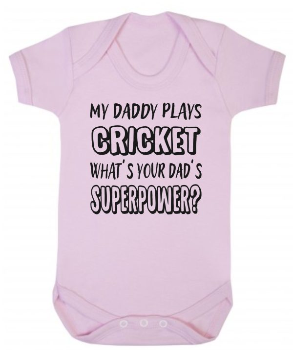 Baby Vest – "My Daddy Plays Cricket What's Your Dad's Superpower?" - Image 2
